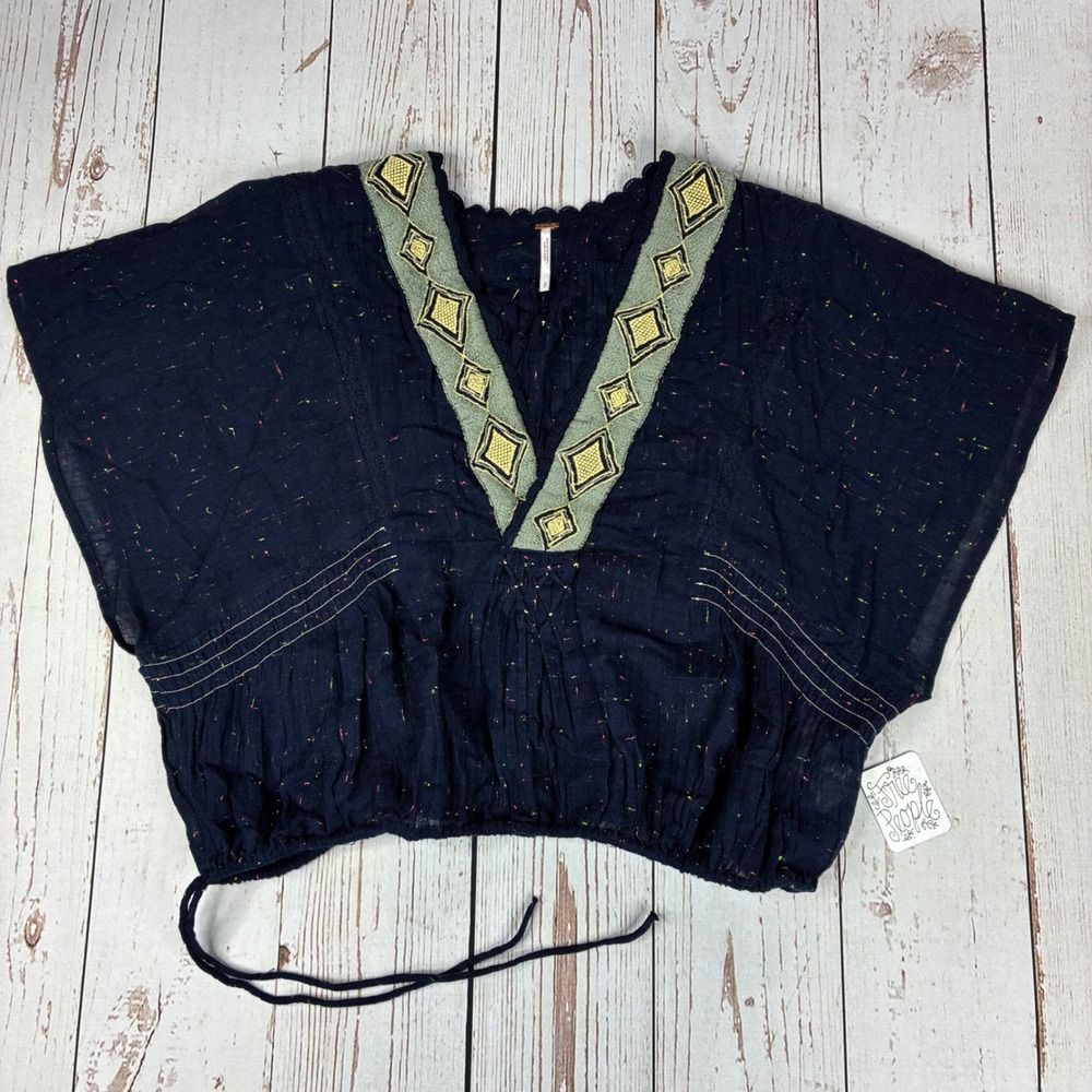 Free People Navy Blue Gauze Embroidered V-Neck Drawstring Top OB1157299 Womens S
